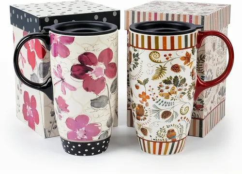 Vista 10 de Topadorn Taza de café de cerámica alta de viaje de 17 onzas con tapa sellada, juego de 2 Colorido diseño floral y de pájaros, apto para microondas