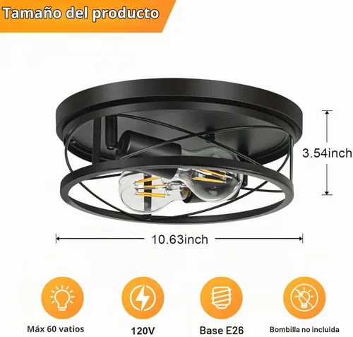 Vista 2 de Luces de granja, lámpara de techo industrial negra de montaje empotrado, lámpara de techo para pasillo, dormitorio, cocina, entrada, 2 luces