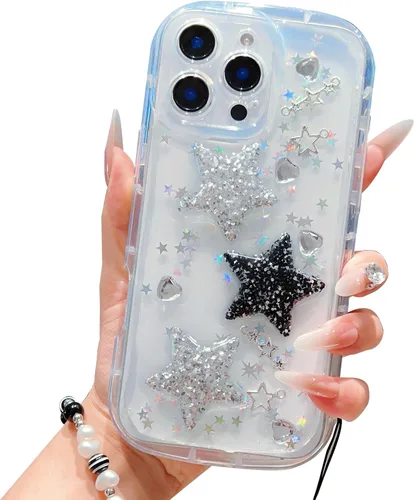 Vista 21 de Compatible con iPhone 11 Pro Funda Transparente Bonita con Diseño de Estrella con Purpurina en 3D con Perlas y Pulsera de Perlas, Diseño de Cadena