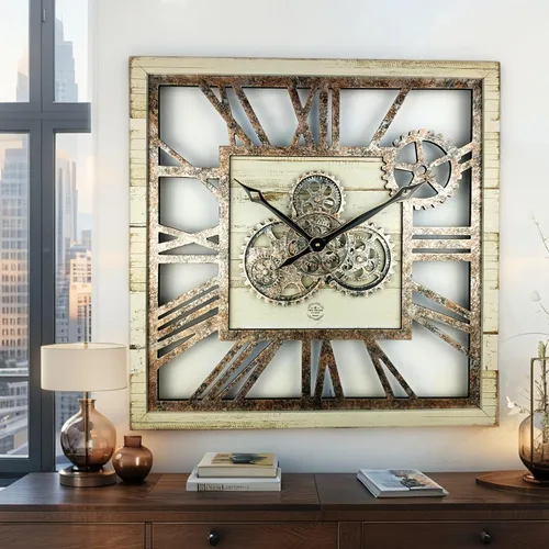 Vista 3 de ImprovingLife The Gears Clock Reloj de Pared Cuadrado de 24 Pulgadas con Engranajes Reales en Movimiento, Estilo Vintage Industrial de Gran