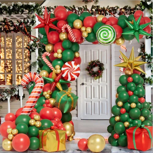 Vista 7 de Kit de arco de globos de Navidad de 171 piezas, globos rojos, verdes y dorados, globos de caja de regalo de caramelos, globos de papel de aluminio