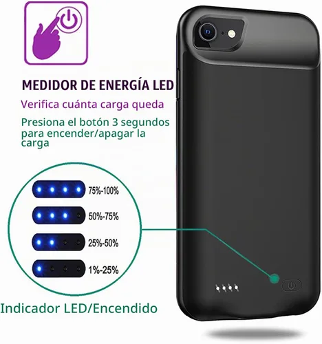 Vista 3 de Funda de batería para iPhone 8/7/6S/6/SE 2020/SE 3, 10000mAh Funda protectora de carga portátil recargable compatible con iPhone 8/7/6S/6/SE 2020/SE