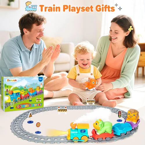 Vista 7 de Juego de tren eléctrico para niños pequeños, juguetes realistas de tren de vapor para niños con vías, juguetes de animales para niños pequeños de 1