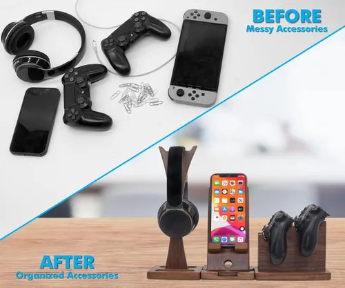 Vista 4 de Regalo de jugador para esposo novio, organizador de controlador ajustable con soporte para auriculares, soporte giratorio para teléfono y soporte
