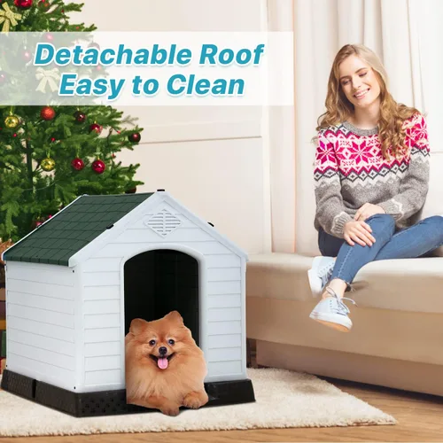 Vista 5 de Casa para perros para interiores y exteriores, impermeable, ventilada, de plástico, jaula de refugio para mascotas con ventilación y suelo elevado