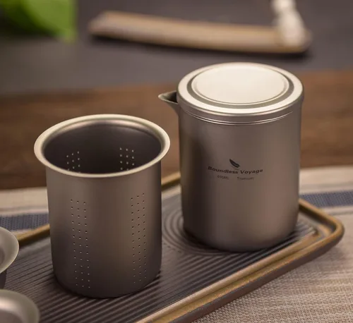 Vista 2 de iBasingo Juego de tetera de titanio de 13.5 fl oz con cubierta de filtro, tetera de doble capa para acampar al aire libre, picnic, senderismo