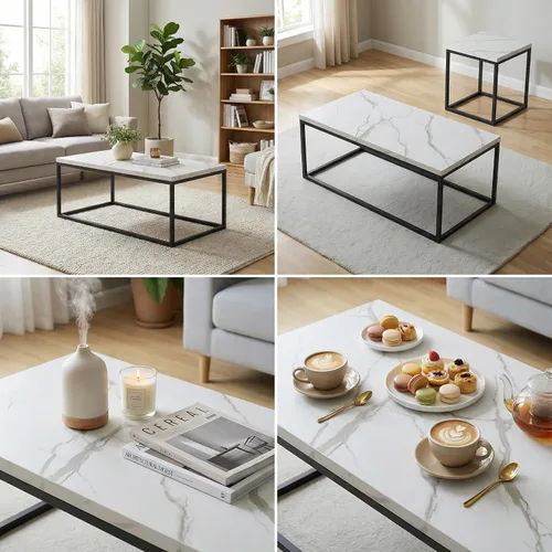 Vista 4 de CENSI - Mesa de centro de mármol blanco de 40 pulgadas, tamaño mediano Mesa de cóctel rectangular industrial de 1.2 pulgadas extra gruesa, patas
