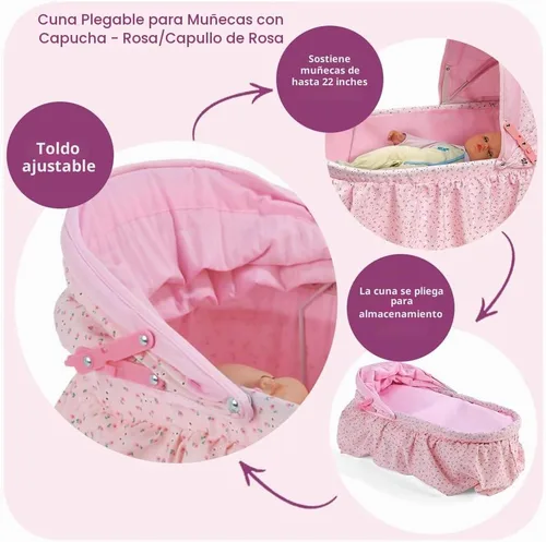 Vista 2 de Badger Basket Cuna plegable para muñecas con tela capullo rosa (se ajusta muñecas de fabricación estadounidense)