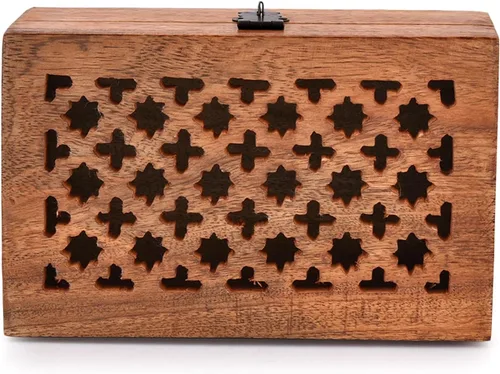 Vista 3 de Caja decorativa de madera de mango con tapa con bisagras, caja de almacenamiento de madera, decoración con tapas (8 x 5 x 3 pulgadas)