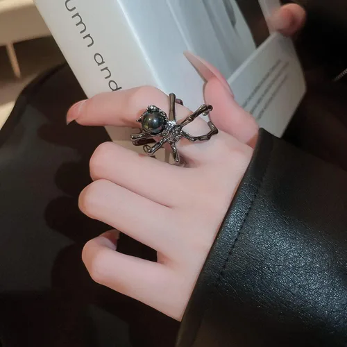 Vista 3 de Wiwpar Anillo de dedo abierto de araña grande negro gótico punk para mujeres y hombres, estilo bohemio, vintage, grueso, nudillo, araña, anillos