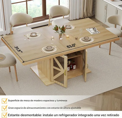 Vista 4 de LVB Mesa de comedor para 4-6, moderna mesa de comedor de madera, mesa de cocina rectangular de granja con espacio de almacenamiento y refrigerador