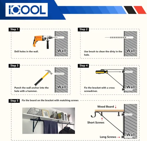 Vista 5 de ICOOL Paquete de 4 soportes para estante de armario, estante de armario y soportes de barra, soportes de pared para armario, color negro