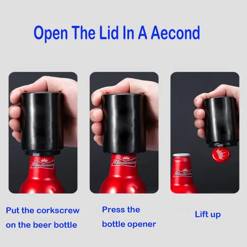 Vista 3 de Abridor automático de botellas de cerveza de acero inoxidable con captador de tapa, magnético, tipo empuje, negro