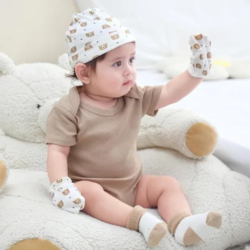 Vista 4 de Ruliby Conjunto de Gorros, Manoplas y Calcetines para Bebé de Algodón, Gorro Beanie Suave para Recién Nacidos, Gorros Guantes para Niñas y Niños 0-6