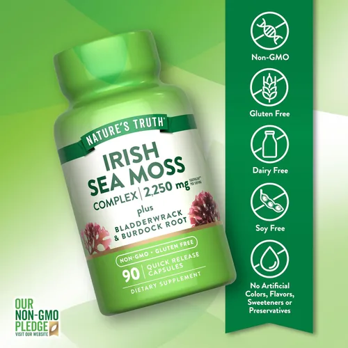 Vista 3 de Nature's Truth Cápsulas de musgo marino irlandés 90 unidades Fórmula compleja con vejiga y raíz de bardana Suplemento sin OMG y sin gluten