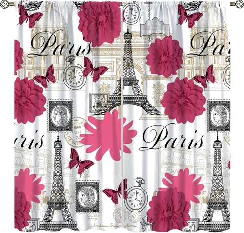 Vista 11 de Cortinas opacas con diseño de torre de París, diseño romántico de torre Eiffel, lavanda, decoración del hogar, dormitorio, sala de estar, cocina
