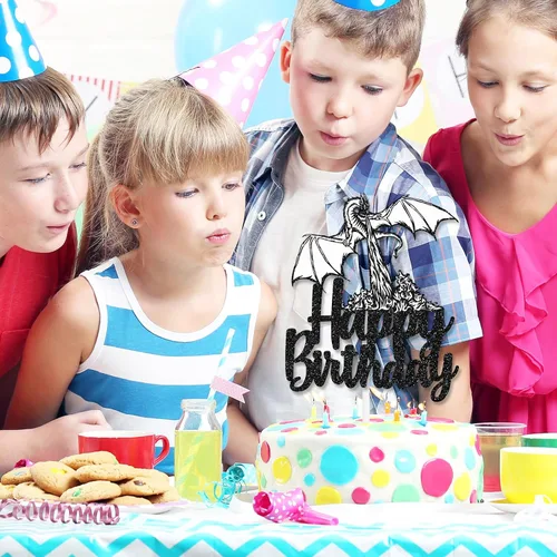 Vista 4 de Decoración para pastel de cumpleaños con temática de película animada, suministros de decoración con purpurina negra