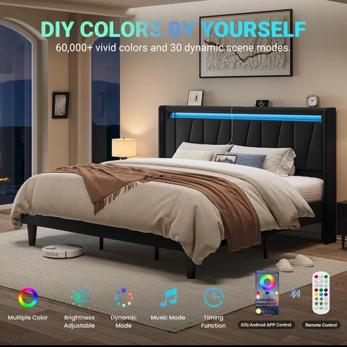 Vista 5 de Allewie Base de cama LED tamaño King con estación de carga, cama de plataforma tapizada en terciopelo con cabecera geométrica tipo wingback, marco