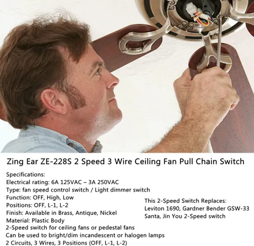 Vista 2 de Zing Ear ZE-228S - Interruptor de 2 velocidades de 3 cables, interruptor de control de velocidad para ventiladores de techo, lámparas de pared, luz