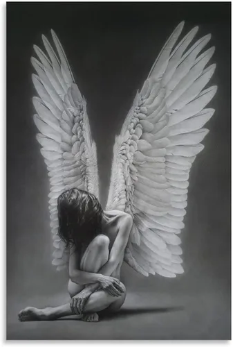Vista 9 de Rucatto Pintura de alas de ángel en blanco y negro, arte abstracto, póster femenino en blanco y negro, pinturas de arte de pared, lienzo, decoración
