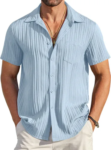 Vista 29 de COOFANDY - Camisas de botones casuales para hombre, de manga corta, con textura, camisa de playa de verano con bolsillo