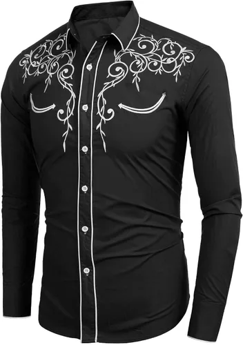 Vista 7 de COOFANDY Camisa bordada de manga larga para hombre, ajustada, informal, con botones