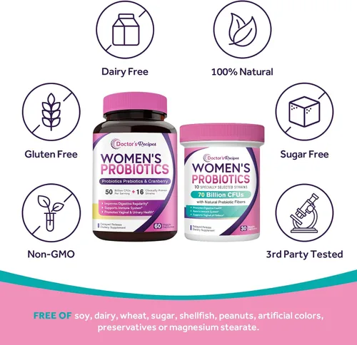 Vista 8 de Doctor's Recipes Paquete de probióticos para mujeres, salud femenina y apoyo gastrointestinal, sin gluten, Pro 50 mil millones (60 cápsulas) y 70