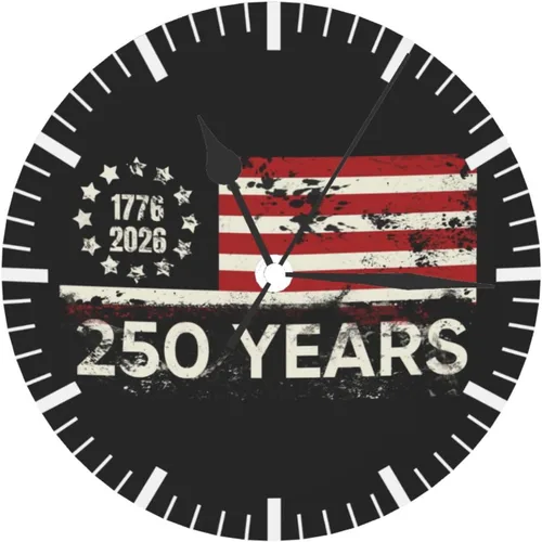 Vista 8 de Reloj de pared redondo de 250 años de aniversario, silencioso, sin tictac, funciona con pilas, retro con bandera de Estados Unidos, relojes