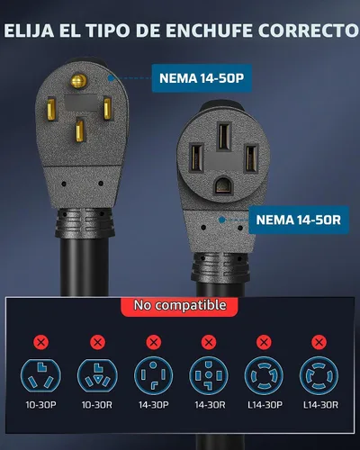 Vista 2 de DEWENWILS Cable de extensión EV RV de 50 amperios, 10 pies, NEMA 14-50P a 14-50R 6/3+8/1 cable de cobre, cable de alimentación EV resistente de Negro