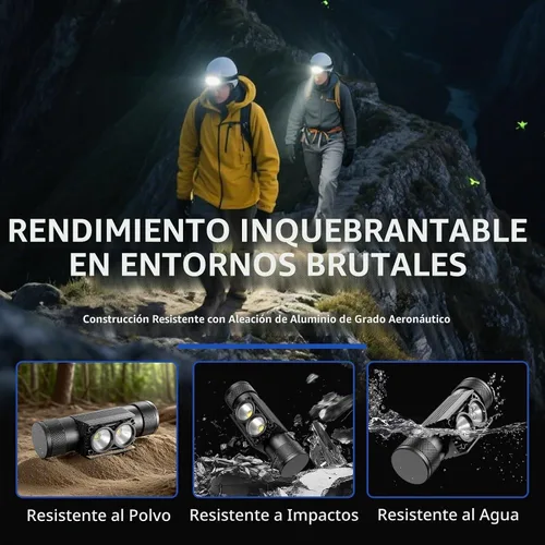 Vista 3 de Linterna frontal recargable para casco duro, linterna LED de frente de 1000 lúmenes, ligera, resistente, IPX4 impermeable para camping, correr