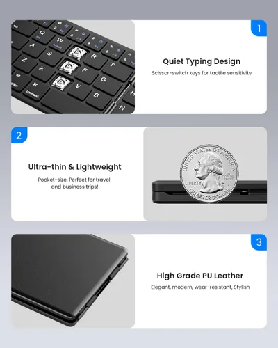 Vista 7 de Samsers Teclado Bluetooth plegable, teclado inalámbrico portátil con soporte de soporte, recargable de tamaño completo ultra delgado plegable
