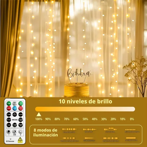 Vista 7 de HXWEIYE 300 luces LED de cortina sin enredos, 9.8 x 9.8 pies, USB, control Blanco cálido