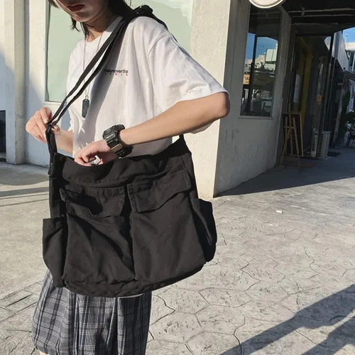 Vista 6 de Bolso mensajero de lona grande, bolso cruzado tipo hobo para mujeres y hombres, bolsa de hombro con múltiples bolsillos, bolsa de mensajero de lona