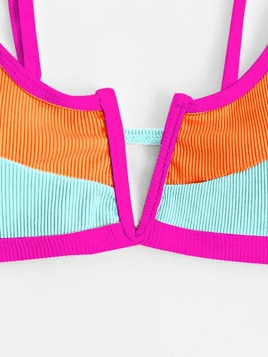 Vista 4 de ZAFUL - Conjunto de bikini de corte alto para mujer, traje de baño de dos piezas acanalado con aro en V