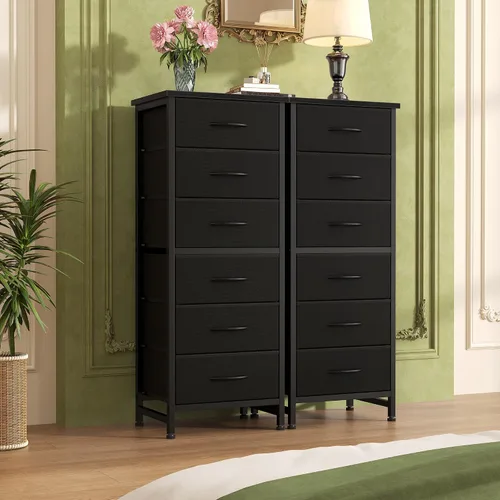 Vista 7 de Sweetcrispy Cómoda alta de tela para dormitorio, cómoda delgada de 6 cajones, torre de almacenamiento estrecha con parte superior de madera y marco