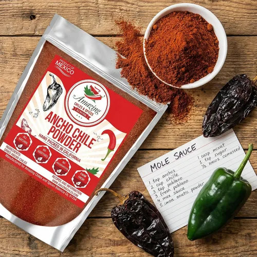 Vista 7 de Ancho Chile Powder 4oz Molido Suave Seco Chili Pepper Mexican Spice Smoky sweet ground poblano for mole, enchiladas, tacos, rubs & marinades. All