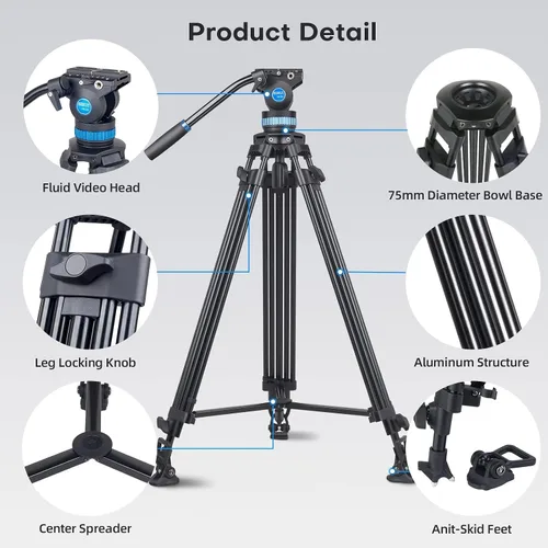 Vista 2 de SIRUI AM-25S Trípode de Video, 74.8" Trípode Profesional de Servicio Pesado con Cabezal Fluido de Amortiguación Ajustable para Videocámara, Cámaras