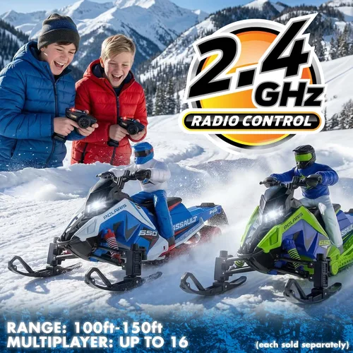 Vista 10 de NKOK Polaris Switchback Assault RC - Juguete para motos de nieve a control verde con azul