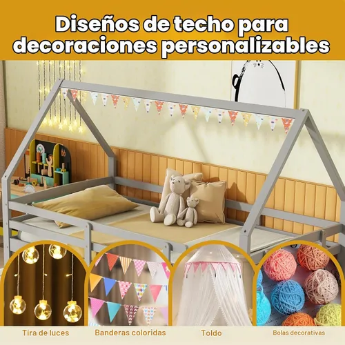 Vista 9 de KOMFOTT Cama de casa de tamaño individual con nido, marco de cama de madera con rieles de seguridad y techo, marco de cama de plataforma de casa Gris