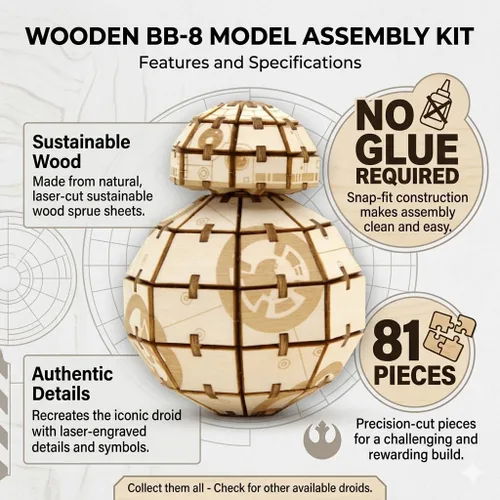 Vista 2 de IncrediBuilds Star Wars BB-8 Kit de modelo de rompecabezas de madera 3D (81 piezas) – Construye y pinta tu propio androide, no requiere pegamento