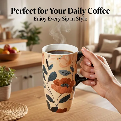 Vista 6 de Topadorn Taza de viaje de cerámica de 17 onzas con tapa y asa, taza de café floral bohemio, taza de porcelana apta para microondas y lavavajillas