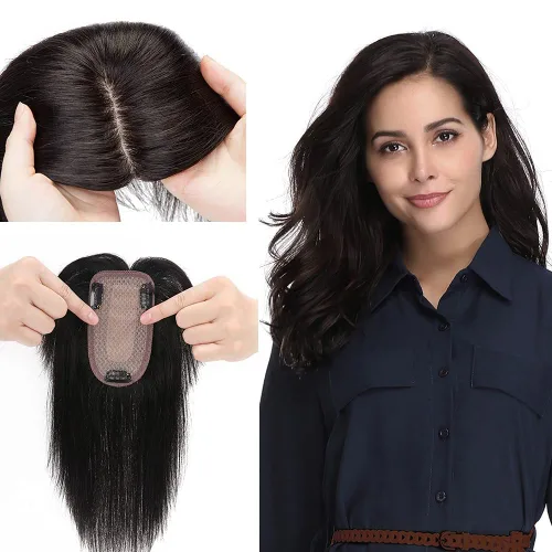 Vista 30 de MY-LADY Top Hairpieces para mujer con flequillo, base mono natural, 100% cabello humano real, clip en pieza de cabello lacio en medio para pérdida
