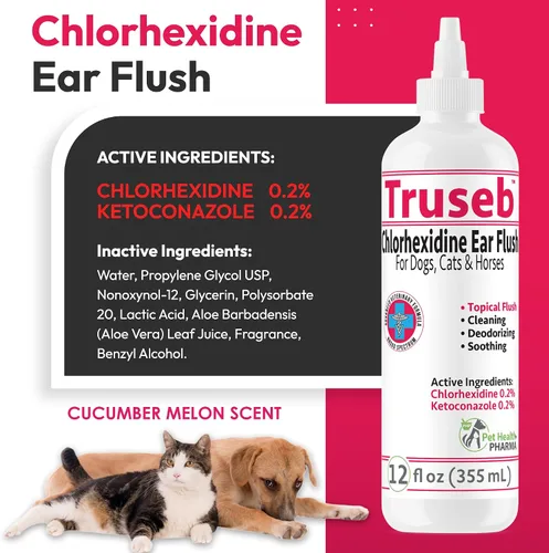 Vista 2 de Truseb Tratamiento de infección de oído de perro de máxima resistencia, solución limpiadora de oídos para gatos y perros, medicada con clorhexidina