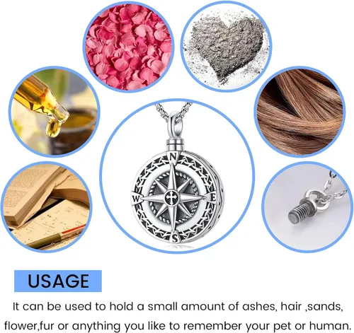 Vista 4 de Collar de Brújula para Hombres y Mujeres de Plata de Ley 925 con Colgante de Urna para Cenizas, Colgante de Medallón con Foto, Collar de Ancla