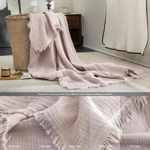 Vista 13 de FOSSA Manta de Muselina con Flecos - Gasa de Algodón 100% de 4 Capas Súper Suave y Transpirable - Manta Decorativa Ligera y Refrescante para Cama