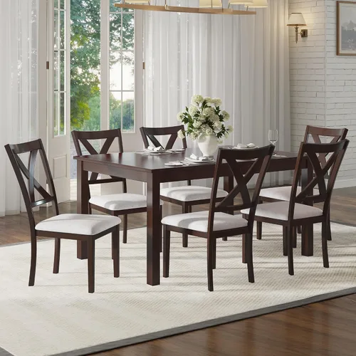 Vista 15 de AMERLIFE Mesa de comedor de granja de 79 pulgadas para 6 a 8, mesa de comedor rectangular grande de madera maciza con patas cónicas romanas, mesa