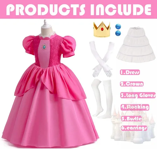 Vista 3 de EOILFM Disfraz de princesa melocotón de Halloween, vestido rosa clásico con corona de lujo, para niñas