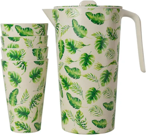 Vista 5 de Jarra de agua con tapa y 4 tazas de fibra de bambú para beber patrón de hojas para interior y exterior