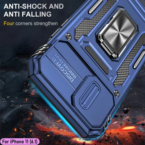 Vista 7 de Funda resistente para Apple iPhone 11, protección híbrida de goma de doble capa de grado militar con protector de cámara deslizante, soporte Azul