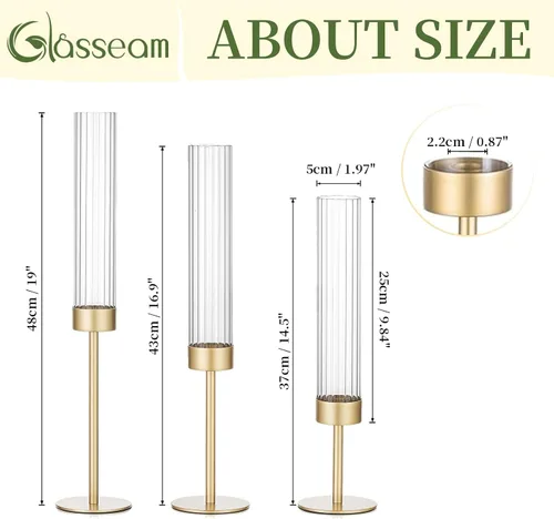 Vista 5 de Candelabros cónicos dorados de huracán: 3 portavelas de latón Glasseam con tapa cilíndrica de vidrio acanalada, candelabros altos estriados